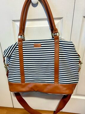 Navy & White Striped Tote with Tan Trim